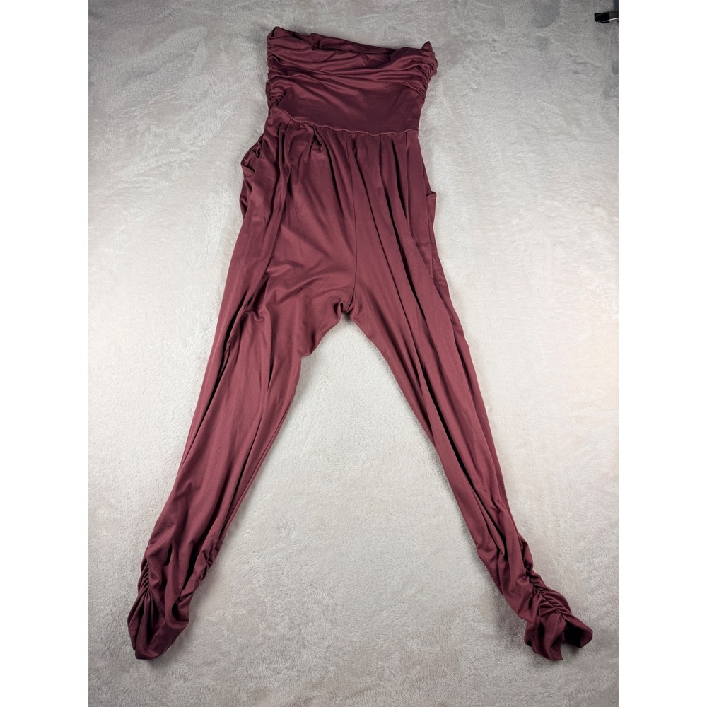 Heart Hips Strapless Ruched Jumpsuit Womens L Burgundy Maroon Ankle Pockets